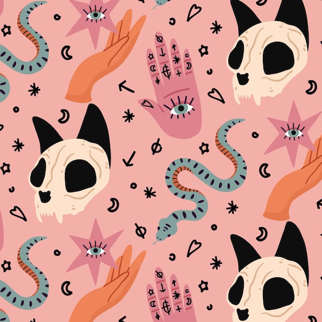 Diseño de patrón de halloween místico plano dibujado a mano