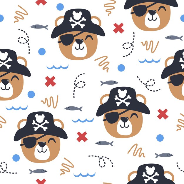 Diseño de patrón de ilustración de oso pirata