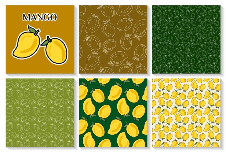 Diseño de patrón de mango dibujado a mano con vector sin costura conjunto de pegatinas de frutas de mango con patrón de fondo