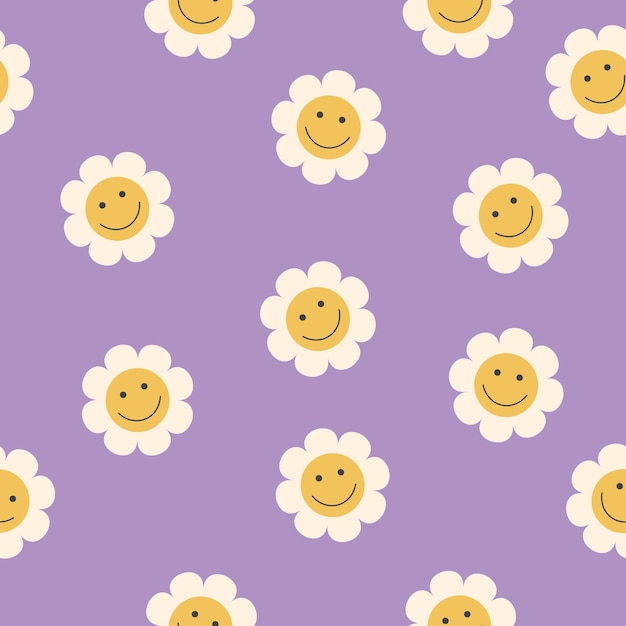 Diseño de patrón de manzanilla. Flores sonrientes. Ilustración de vector de moda colorida en los años 70, 80, 90