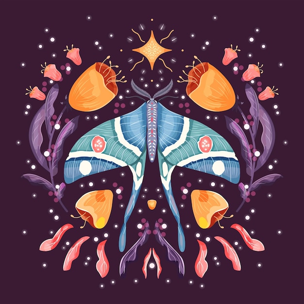 Diseño de patrón de motivos florales y polilla en simetría ilustración de vector plano colorido con flores de polilla elementos florales y estrellas