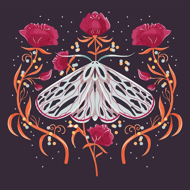 Diseño de patrón de motivos florales y polilla en simetría ilustración de vector plano colorido con flores de polilla elementos florales y estrellas