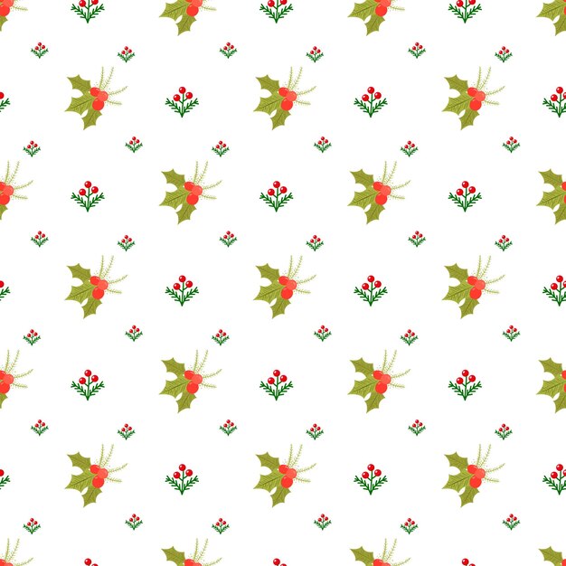 Diseño de patrón navideño plano con hojas y muérdago.