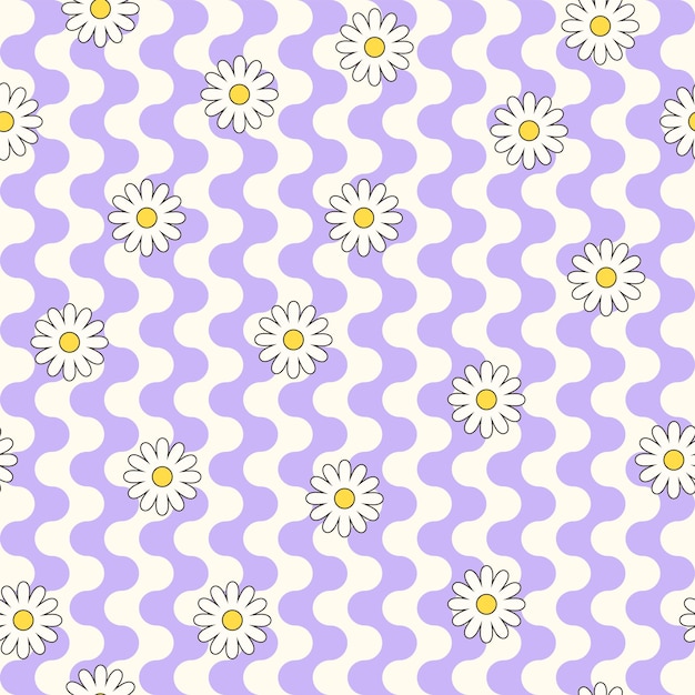 Diseño de patrón psicodélico hippie patrón de vector transparente Manzanilla 60s 70s fondo retro vintage