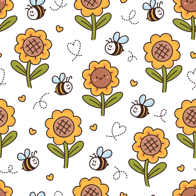 Diseño de patrón de superficie con lindos corazones de abejas de girasoles kawaii en estilo de dibujos animados