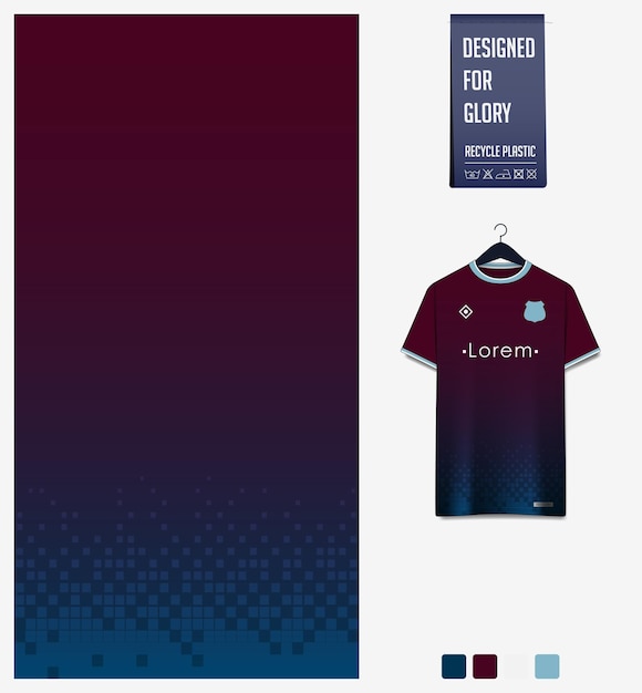 Diseño de patrón de tela para camiseta de fútbol o equipo de fútbol. patrón cuadrado sobre fondo carmesí.
