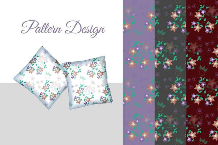 Diseño de patrones de almohadas florales y muestras de telas en varios colores