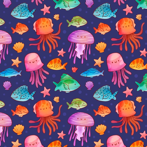 Diseño de patrones de animales marinos dibujados a mano