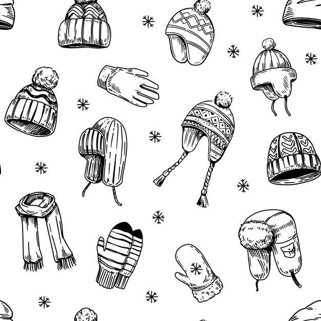 Diseño de patrones sin costuras Conjunto de sombreros de invierno Ropa cálida Ilustración de bocetos vectoriales dibujados a mano