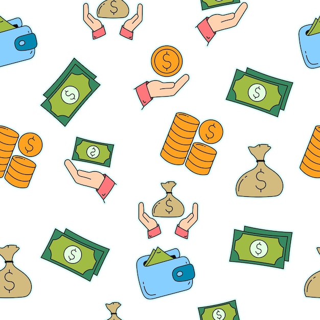 Diseño de patrones sin costuras de dinero en efectivo Patrones sin costuras con elementos de dinero garabateado