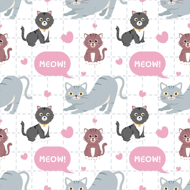 Diseño de patrones sin costuras con elemento de gato en plantilla Ilustración de dibujos animados dibujada a mano