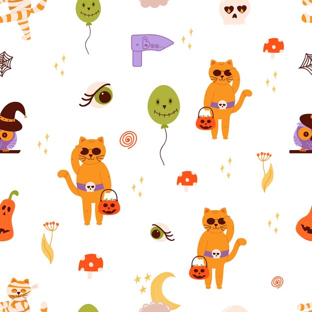 Diseño de patrones sin costuras con fondo temático de Halloween con elementos cráneo de gato poción fantasma murciélago luna media luna calabazas estrellas