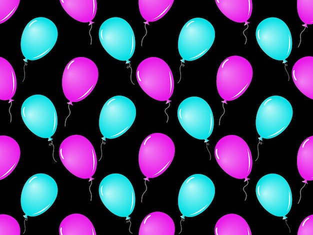 Diseño de patrones sin costuras de globos rosados y azules que flotan sobre un fondo negro