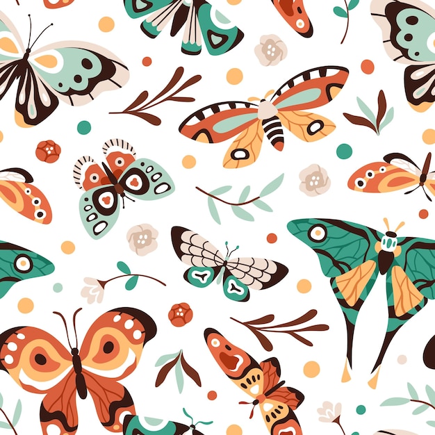 Diseño de patrones sin costuras de mariposas Naturaleza de verano Fondo interminable Impresión repetitiva Hermosas polillas que vuelan flores Plantas de hojas Textura imprimible para textiles de tela Ilustración vectorial plana
