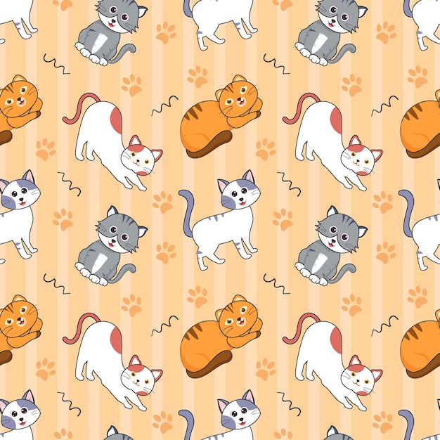 Diseño de patrones sin fisuras de animales de gatos con elemento de gato en la ilustración plana de dibujos animados de plantilla