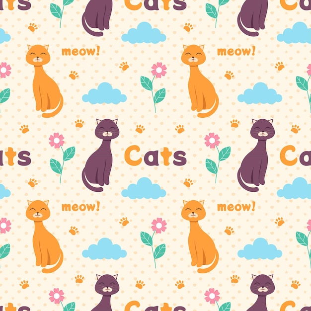 Vector diseño de patrones sin fisuras de animales de gatos con elemento de gato en la ilustración plana de dibujos animados de plantilla