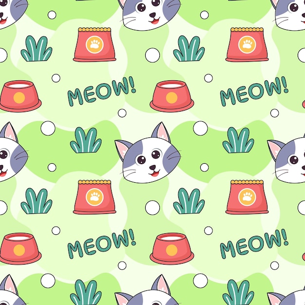 Diseño de patrones sin fisuras de animales de gatos con elemento de gato en la ilustración plana de dibujos animados de plantilla