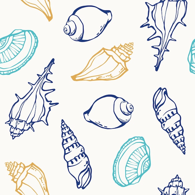 Vector diseño de patrones sin fisuras de conchas de mar de línea sobre fondo blanco