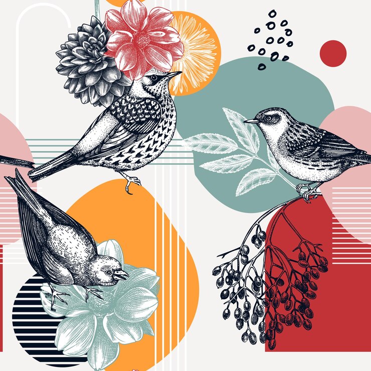 Vector diseño de patrones sin fisuras de estilo collage pájaro bosquejado a mano en flor de dalia