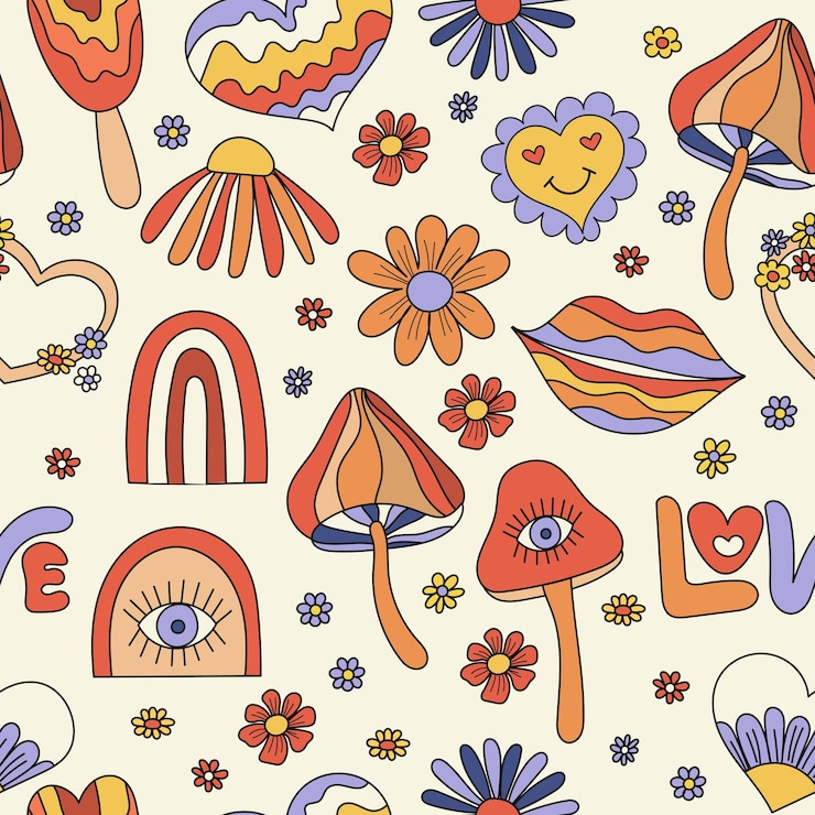 Vector diseño de patrones sin fisuras de estilo retro con elementos psicodélicos ilustración vectorial