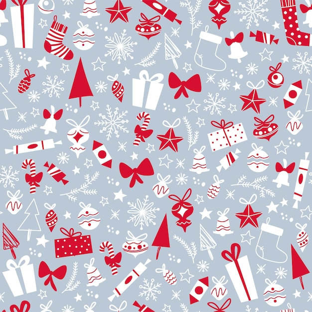 Diseño de patrones sin fisuras de feliz Navidad con regalos, abetos, juguetes, copos de nieve. Vector ilustración plana. Para tarjetas, pancartas, estampados, embalajes, invitaciones.