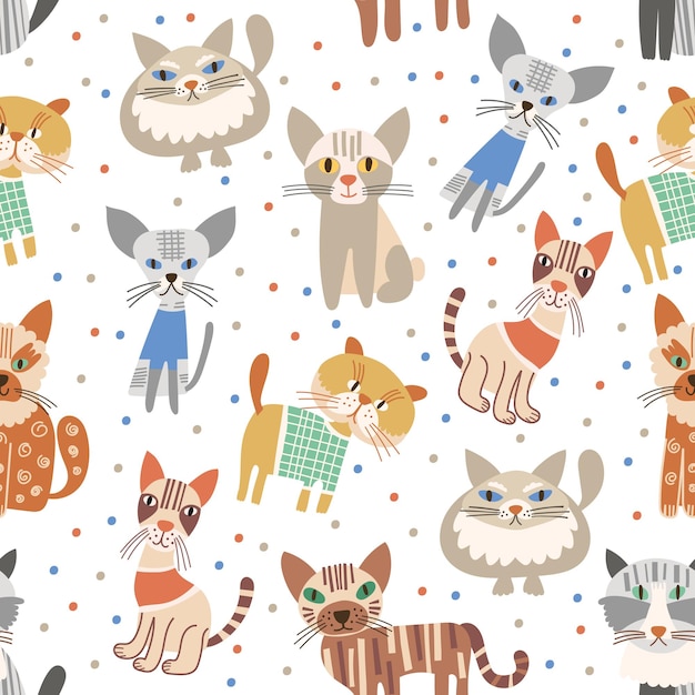 Diseño de patrones sin fisuras con gatos lindos ilustración vectorial