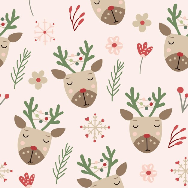 Diseño de patrones sin fisuras de Navidad con renos y flores ilustración vectorial