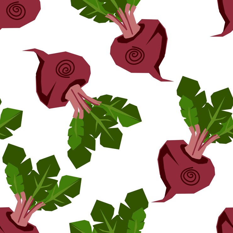 Vector diseño de patrones sin fisuras de remolacha para textiles de cocina y vector de envasado de alimentos