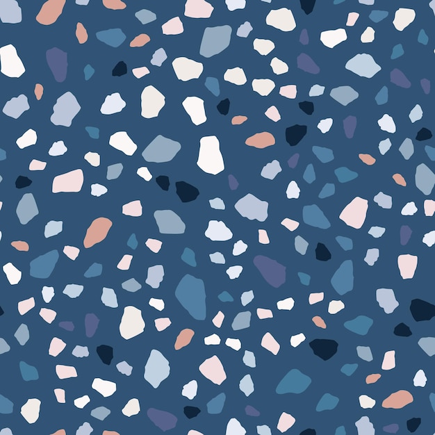 Diseño de patrones sin fisuras de terrazo. Papel tapiz de mármol sobre fondo azul. Piedra natural, granito, formas de cuarzo. Telón de fondo moderno con textura.