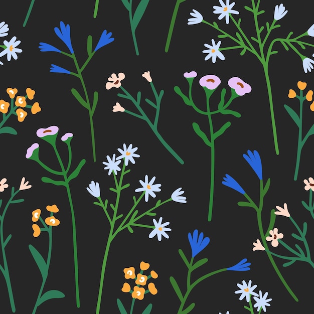 Diseño de patrones florales sin costuras Flores de campo de primavera y verano Hierbas plantas ramas frágiles Impresión repetitiva botánica Ilustración vectorial plana de colores para papel tapiz de tela natural