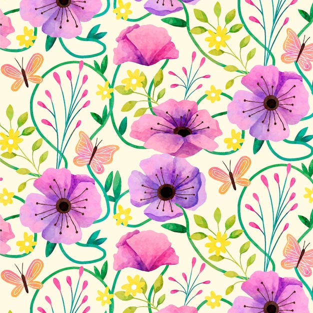 Vector diseño de patrones de flores de amapola en acuarela