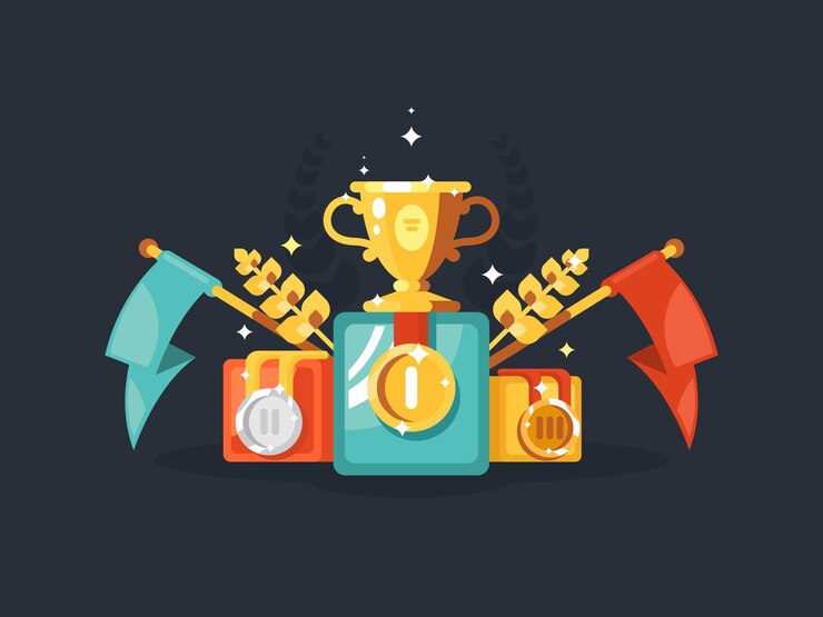 Vector diseño de pedestal plano con medallas y banderas de copa de oro. ilustración vectorial