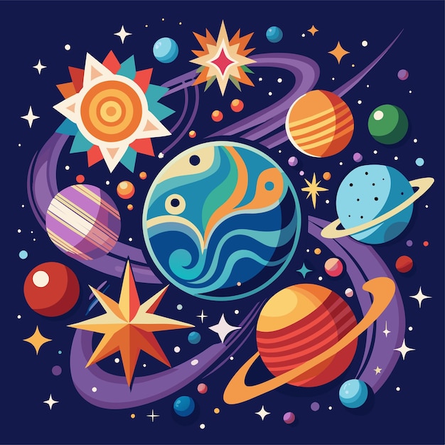 Diseño de pegatinas de camiseta de un inspirado en elementos celestes como estrellas y galaxias para un cósmico