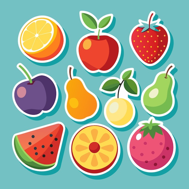 Diseño de pegatinas coloridas con varias frutas sobre un fondo azul