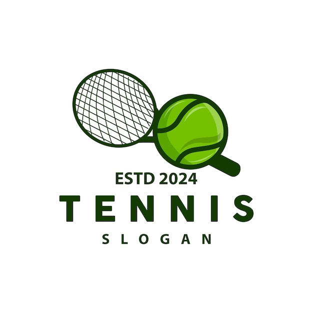 Vector diseño de la pelota y la raqueta del logotipo deportivo de tenis para deportes de campeonato de torneo simples y modernos