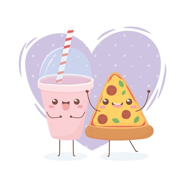 Diseño de personaje de dibujos animados de comida kawaii bebida y pizza
