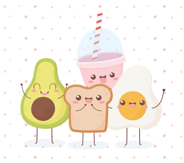 Diseño de personaje de dibujos animados de comida kawaii de huevo y pan frito de aguacate