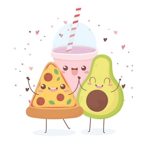 Diseño de personaje de dibujos animados de comida kawaii de pizza y refresco de aguacate
