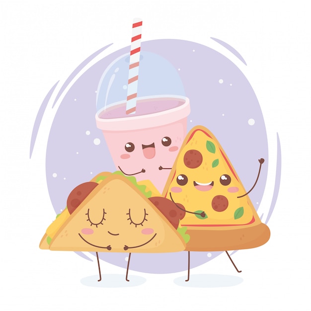 Diseño de personaje de dibujos animados de comida de taco de pizza y refresco kawaii