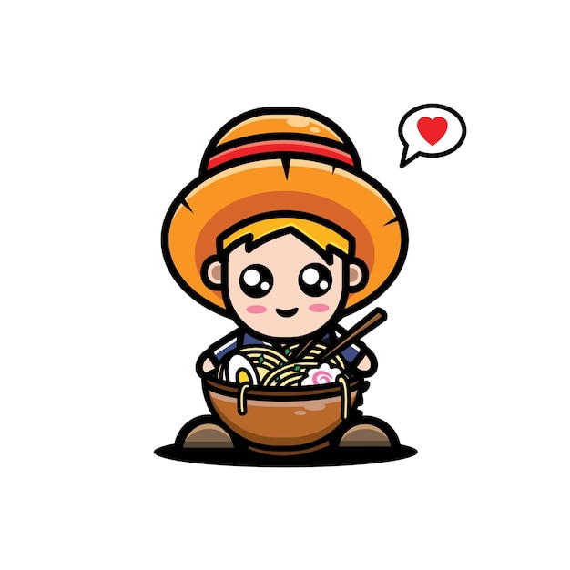 Vector diseño de personaje de granjero lindo comiendo ramen