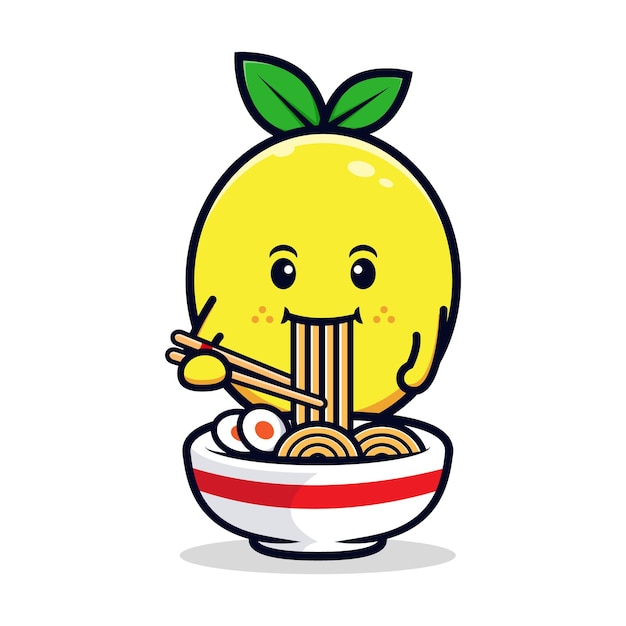 Diseño de personaje de limón lindo comiendo ilustración de mascota plana de fideos ramen