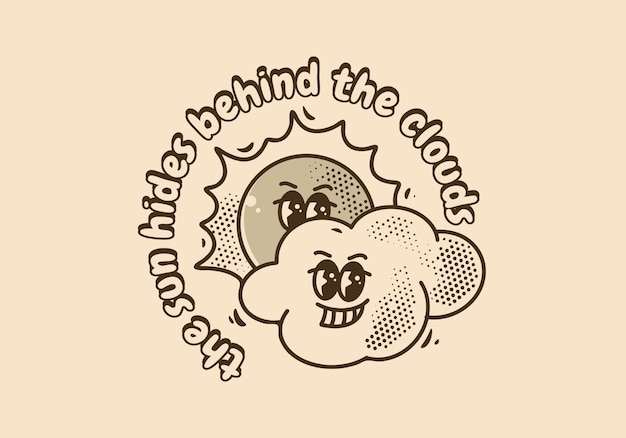 Diseño de personaje de mascota vintage de sol y nubes sonrientes