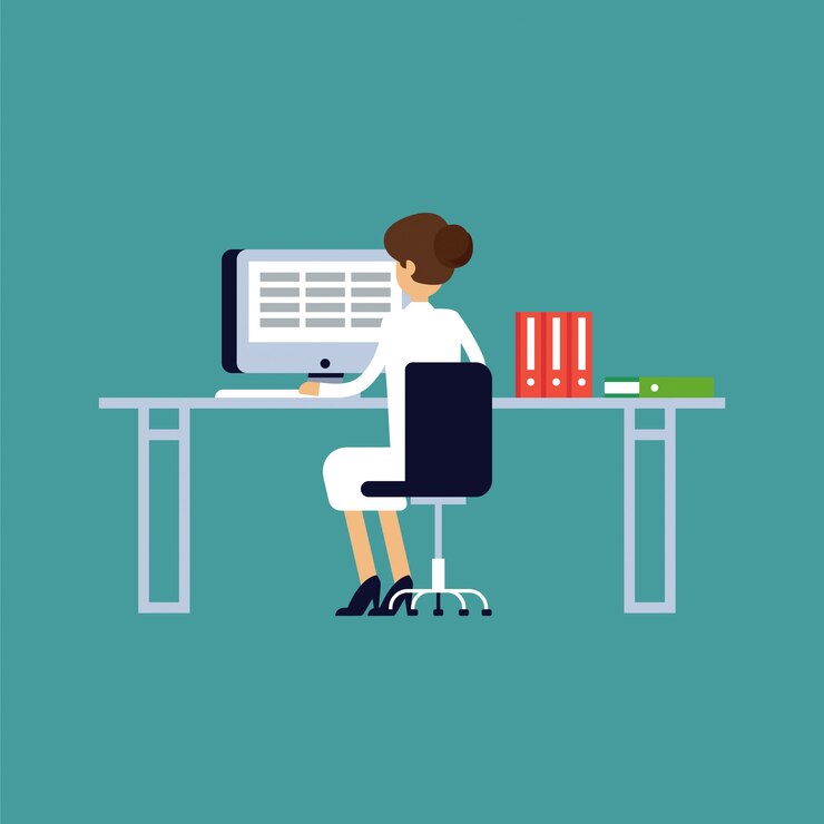 Diseño de personaje plano fresco en mujer de negocios de oficina trabajando en la oficina detrás de su escritorio con computadora de escritorio Mujer de negocios usando la computadora.