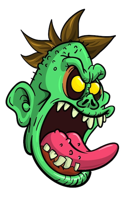 Diseño de personaje de zombie verde divertido de dibujos animados con expresión de cara de miedo Ilustración de vector de Halloween aislado en blanco Diseño de cartel o paquete de fiesta