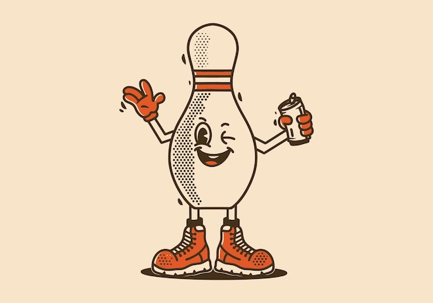 Diseño de personajes de un bolo que sostiene una lata de cerveza.