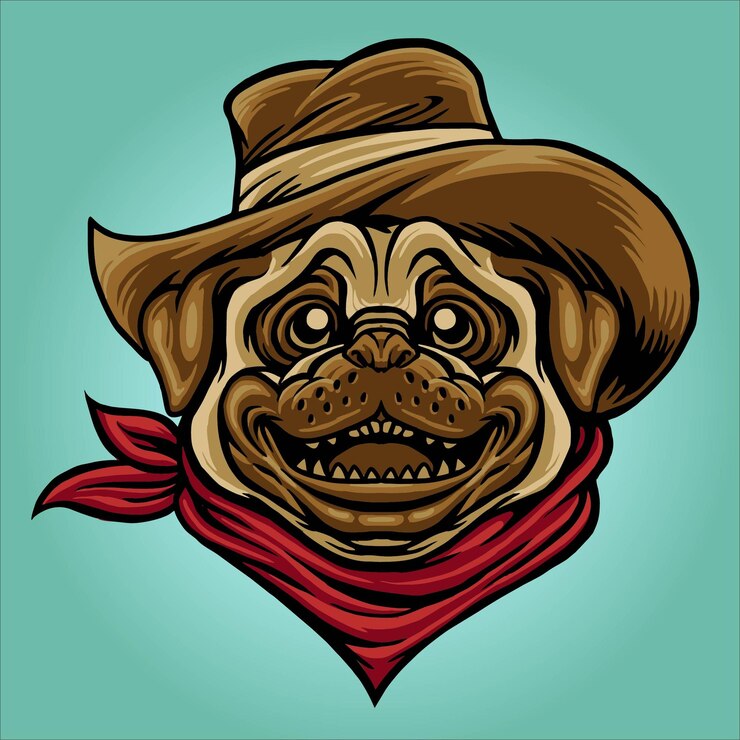 diseño de personajes de cabeza de perro pug vaquero