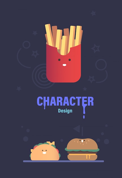 Diseño de personajes de comida rápida. 3 personajes de vectores lindos. Ilustración de vector de comida rápida