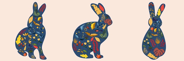 Diseño de personajes de conejos con hermosas flores de flor para el Festival de Otoño de Pascua de Primavera o Año Nuevo Chino 2023 año del signo zodiaco de Conejo Ilustración vectorial