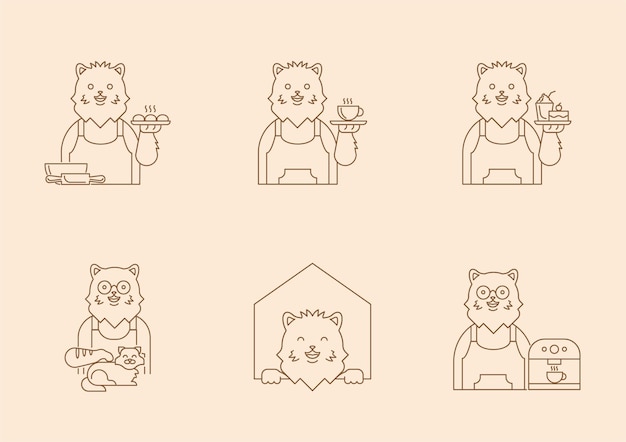 Diseño de personajes de línea de café de gato con ilustración de vector de café de camarero de barista de gato persa