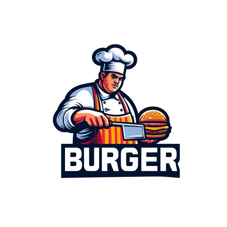 Diseño de personajes del logotipo de la hamburguesa del chef Ilustración de personas Diseño de comida rápida